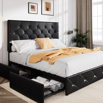 Allewie Upholstered Queen Size Platform Bed Frame with 4 Storage Drawers and Headboard, Diamond Stitched Button Tufted, Mattress Foundation with Wooden Slats Support, No Box Spring Needed, Black