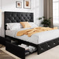 Allewie Upholstered Queen Size Platform Bed Frame with 4 Storage Drawers and Headboard, Diamond Stitched Button Tufted, Mattress Foundation with Wooden Slats Support, No Box Spring Needed, Black