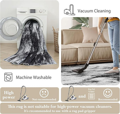 Machine Washable Runner Rug 2x6: Non Slip Hallway Rug Low Pile Kitchen Runner Soft Abstract Rug with Rubber Backing for Entryway Bedroom Bathroom Farmhouse Laundry Living Room Black White 2x6