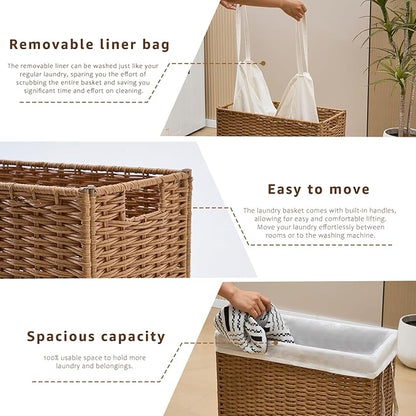 Slim Wicker Laundry Hamper, 55L Handwoven Rattan Basket with Handles, Narrow Laundry Basket with Removable Liner Bag & 2 Mesh Bags