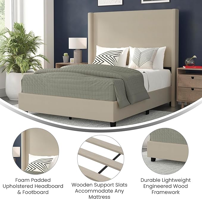 EMMA + OLIVER Nora Full Size Faux Linen Upholstered Platform Bed with Plush Padded Wingback Headboard (No Box Spring Needed), Modern Upholstered Headboard Full Bed Frame, Beige
