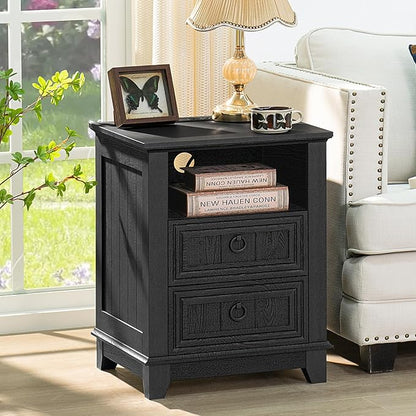 18" Farmhouse Night Stand with Charging Station, 2 Drawers End Table Dresser for Bedroom, Black Wooden Nightstand, Bed Side Table with Open Shelf, Bedside Cabinet for Living Room, Closet