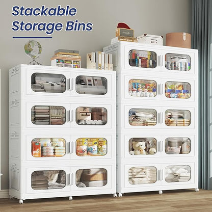 250 Gallon Extra Large Storage Bin with Lid and Wheels, Stackable Collapsible Plastic Storage Box with Door, Foldable Organizer for Closet, Kitchen, Office, Living Room, 5 Pack White