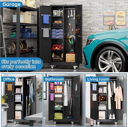 Garage Storage Cabinet with Wheels, Broom Closet Storage Cabinet with Pegboards and Adjustable Shelves, Metal Tool Cabinet with Lockable Door for Garage Home, Black