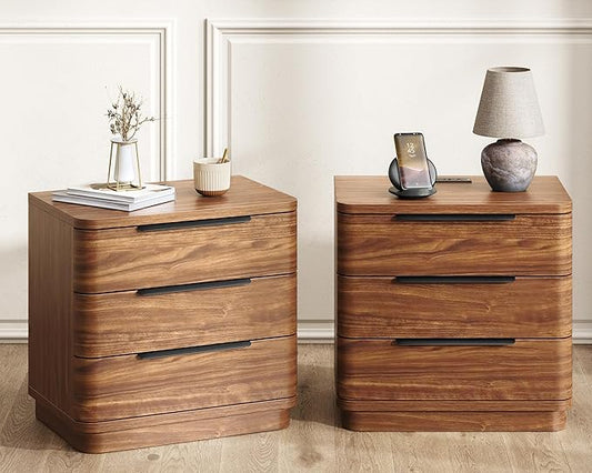 Nightstands Set of 2, Bedside Table with 3 Storage Drawers, 24" Tall Wood Night Stand with Charging Station, Modern Wide End Table Side Table W/Metal Handle Curved Profile for Bedroom