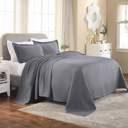 Superior 100% Cotton Basket Weave Bedspread with Shams, All-Season Premium Cotton Matelasse Jacquard Bedding, Quilted-Look Geometric Basket, Full, Grey