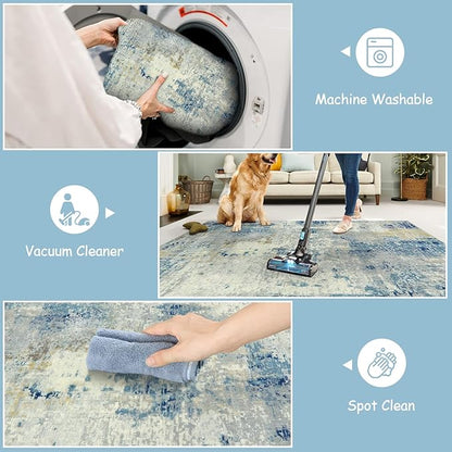 Lahome Modern Abstract Round Rug - 6Ft Large Blue Living Room Rug Washable 6x6 Circle Rugs for Bedroom Dining Room, Contemporary Indoor Office Carpet for Entryway Kitchen Table Home Nursery
