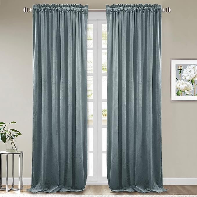 StangH Stone Blue Curtains for Nursery Bedroom Soft Velvet Thermal Insulated Window Treatment Rod Pocket Privacy Room Darkening Panels for Living Dining Room, W52 x L102, 2 Panels