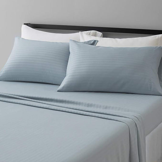 Amazon Basics Soft, Breathable Microfiber Bed Sheets, Queen Size, 4-Piece, Spa Blue Striped