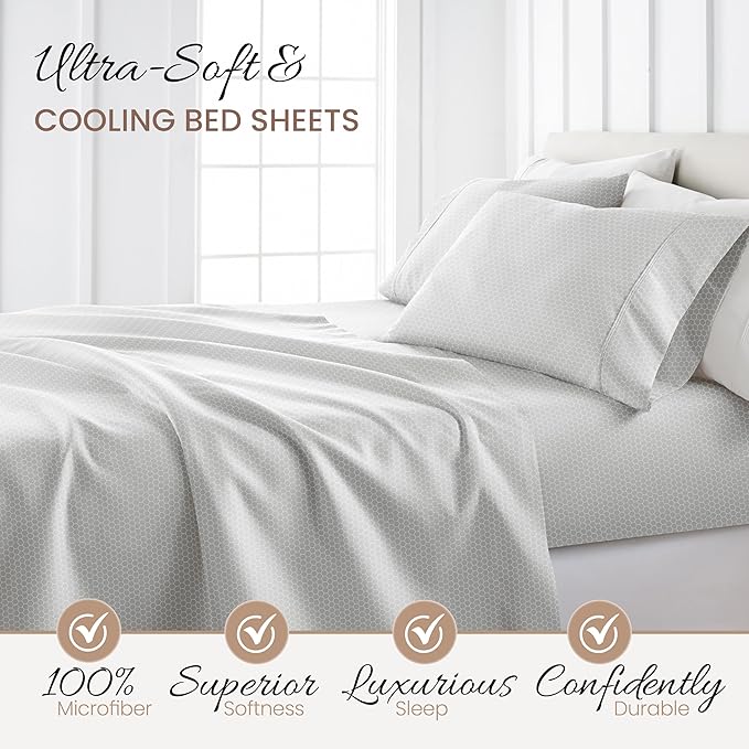 Linen Market Double-Brushed Patterned Microfiber Twin Sheet Set 3 Piece – Oeko-TEX Certified Ultra Soft & Wrinkle-Free - 16" Deep Pocket Sheets - Easy Care Twin Size - Honeycomb Light Gray