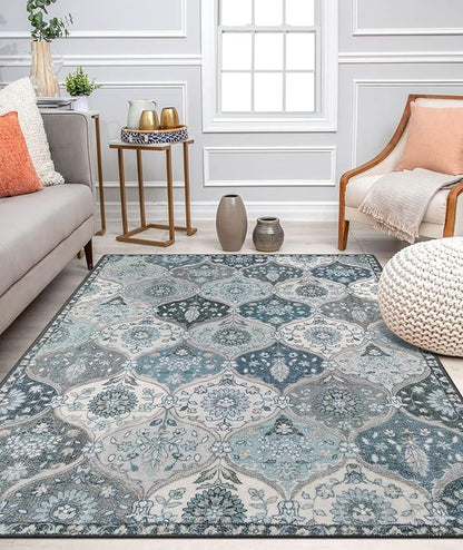 Lahome Moroccan Machine Washable Area Rugs, 4x6 Rug for Living Room Bedroom, Soft Non-Slip Rug Vintage Trellis Ultra-Thin Throw Carpet for Dining Room Office, Blue