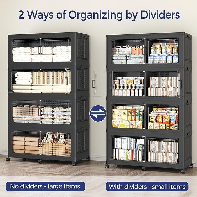 640 QT Extra Large Stackable Storage Bins with Lid, 160 Gal Collapsible Storage Box with Wheels, Folding Closet Organizers and Storage Cabinet with Doors for Home, Kitchen, Office, 4Pack Black