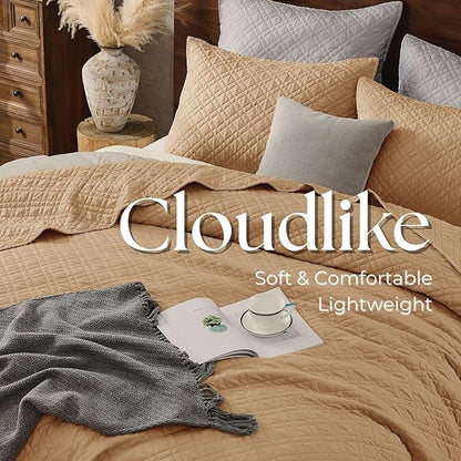 DOWN HOME Twin Quilt Set with Sham Lightweight Quilted Bedspread Coverlet Thin Comforter Bed Cover Vintage Washed Quilted Blanket for All Season, Brushed Microfiber Diamond Stitching, Brown, 66"x92"