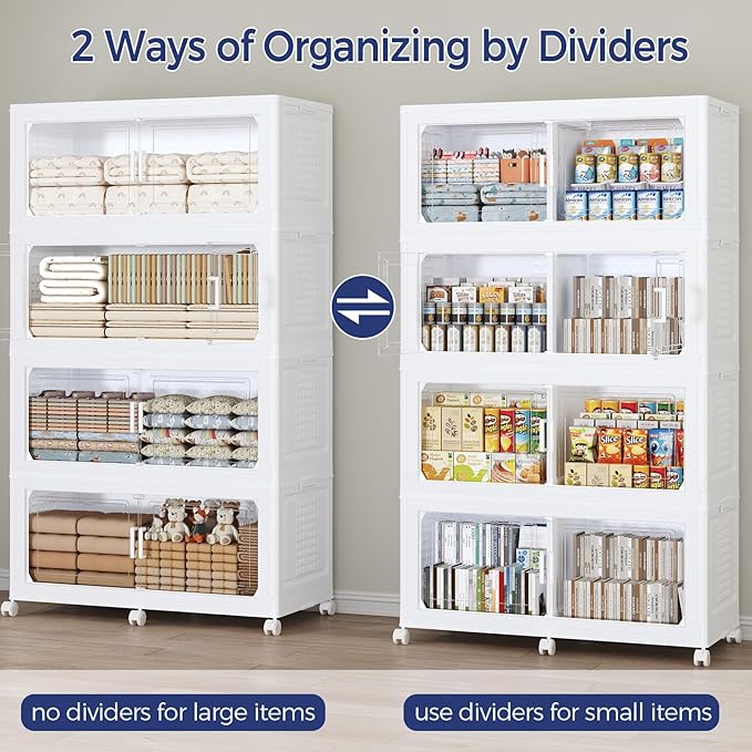 200GAL Storage Bins with Lid and Wheels, Stackable Closet Organizers and Storage Drawer, Collapsible Storage Box with Dividers, Foldable Plastic Cabinets for Room, Kitchen, 4 Pack White