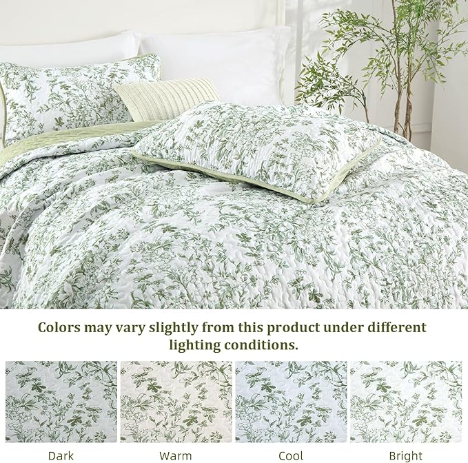 WONGS BEDDING Quilts Queen Size, Sage Green Quilt Bedding Set with 2 Pillowcases, Botanical Quilt for Queen Bed, Soft Microfiber Lightweight Coverlet Bedspread for All Season (96"×90", 3 Pieces)