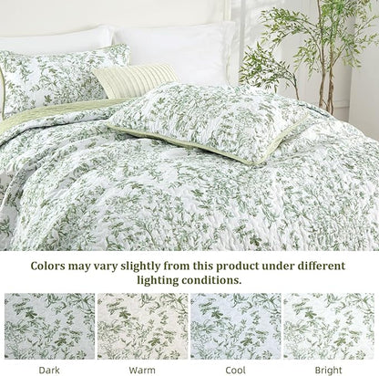 WONGS BEDDING California King Quilt Sets, Sage Green Quilt Bedding Set with 2 Pillowcases, Botanical Quilt for Cal King Bed, Soft Microfiber Lightweight Coverlet Bedspread for All Season (112"×96")
