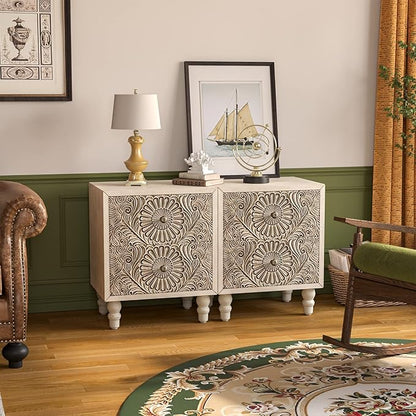 COSIEST 2 Pieces Nightstand, 14" D x 18" W x 21.5" H MDF End Table with 2 Drawers, Vintage Style Wood Bedside Table, Bedroom Accessories for Home, Office, College Dorm