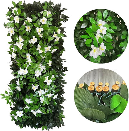 Sumery Expandable Fence Privacy Screen for Balcony Patio Outdoor,Decorative Faux Ivy Fencing Panel,Artificial Hedges (Single Sided Leaves) (4, Branches -White Fowers)