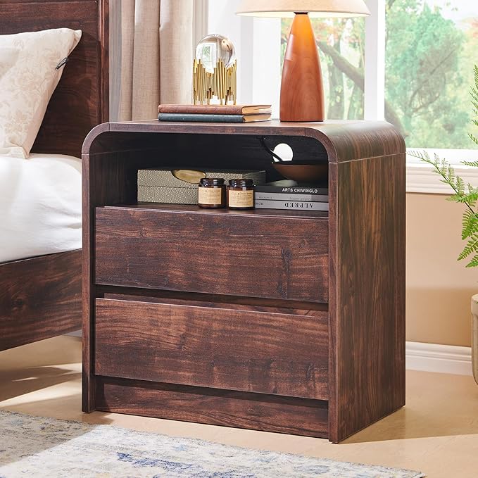 25" Tall Modern Nightstand with Charging Station, 23.6'' Wide Wood Bedside Table w/2 Storage Drawers, Large Mid Century End Table for Bedroom, Living Room, Curved Profile Design, Brown