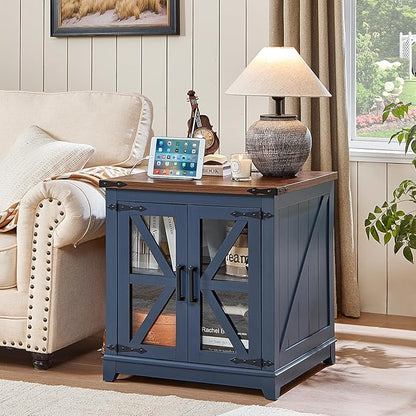 Farmhouse End Table Set 2, Narrow 18'' Night Stand with Glass Barn Door, 24" Square Side Table with Charger Station, Living Room Furniture Sets, Wood Nightstand Bedside Tables for Bedroom