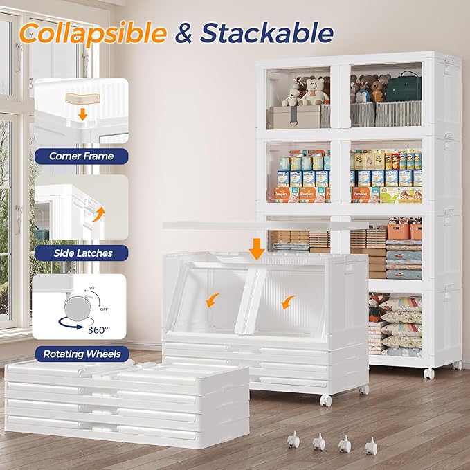 120GAL Large Stackable Storage Bins with Lid and Wheels, 480Qt Collapsible Organizer Cabinet with Clear Door, for Closet, Bedroom, Kitchen, Garage, 4-Pack White