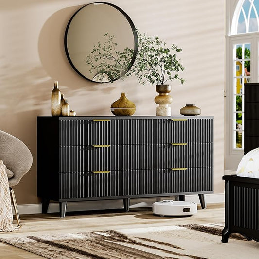 Lulive Black Dresser for Bedroom Wood Dressers Chest of Drawers, Fluted 54" Wide Modern Long Dresser TV Stand 6 Drawers for Bedroom, Closet, Hallway (Black)