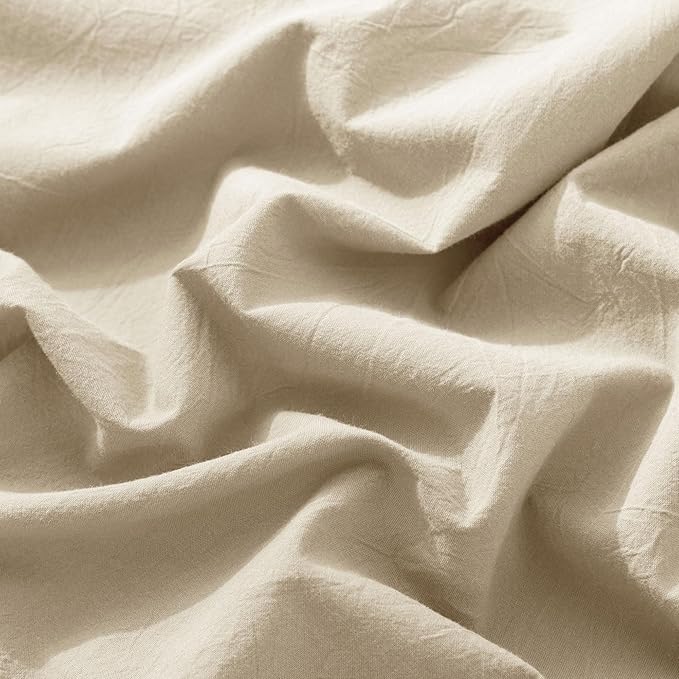 MooMee Fitted Bottom Sheet Only 100% Washed Cotton Linen Like Textured Breathable Durable Soft Comfy Deep Pocket Fits Mattress up to 17" (Almond Milk Grey, Twin)