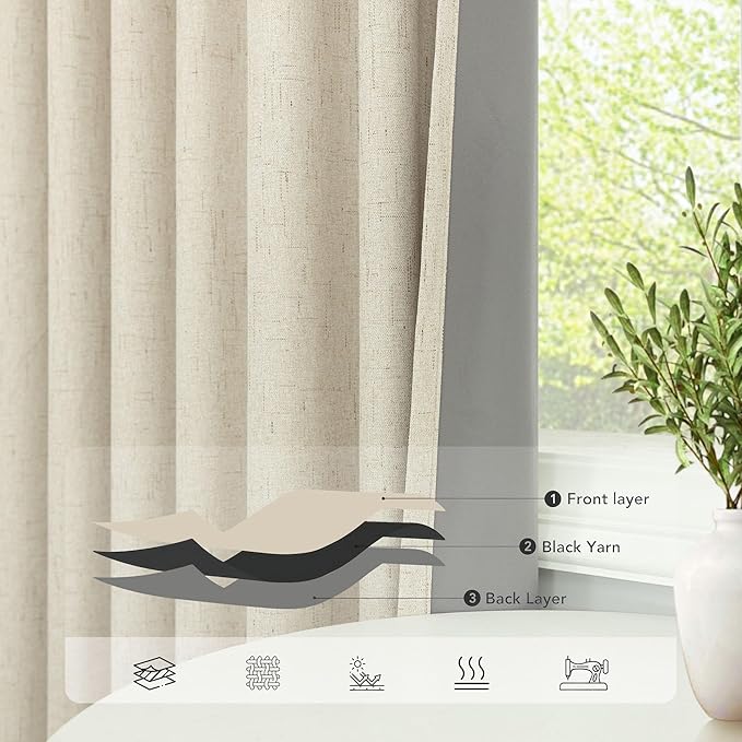 Pitalk 132 Inch Extra Long Living Room Curtains for Large Window Darkening Blackout Linen Drape Back Tab Pleated Black Out Floor to Ceiling Curtain for Patio Sliding Doors 11 FT Length 2 Panel Beige