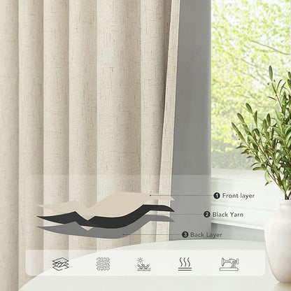 Short Small Blackout Curtains 54 Inches Long for Bedroom Aesthetic Beige Linen Colored Boho Black Out Curtains Insulated Thermal Curtains for Summer Heat Blocking Basement Bathroom Window 52x54 Length