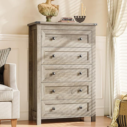 Dresser for Bedroom with 5 Drawers, Tall Wood Chest of Drawers, Modern Farmhouse Closet Clothes Organizer, Storage Tower Cabinet with Metal Handles for Hallway, Living Room, Entryway, Light Grey
