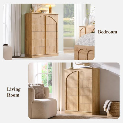 ACCOHOHO Modern 5 Drawers Dresser for Bedroom with Arched Panel,44" Tall Dresser for Closet with Metal Handles,Push-to-Open Wood Storage Closet Dressers Tv Stand for Living Room, Hallway,Natural Oak