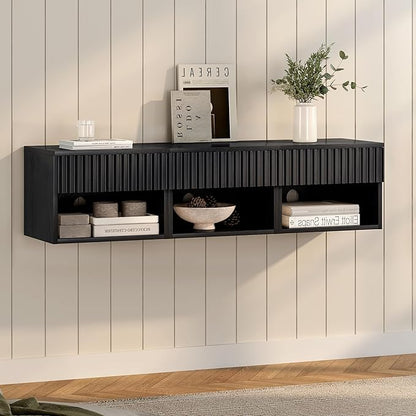 Floating TV Stands Set of 4 with Drawer and Open Shelf, Small Wall Mounted Bedside End Table, Modern Fluted Night Stand for Bedroom, Living Room, Black