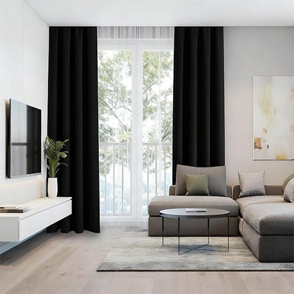 Black 100% Blackout Curtains 84 Inch Length 2 Panels Set, Black Out Curtains for Bedroom 84 Inch Long, Rod Pocket Energy Saving Room Darkening Drapes for Living Room Dining Room Window(W52 x L84)