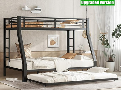 LUCALEO Stronger & Truly Reinforced Heavy Duty Metal Bunk Bed Twin Over Full Size Bunkbed, Thickened More Stable & Safer Steel Bunk Bed Frame with Twin Size Trundle (Greater Weight Capacity)