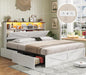 AOGLLATI Farmhouse Queen Bed Frame with 4 Storage Drawers and Led Lights, Wooden Bed Frame Queen Size with Hidden Space Bookcase Headboard and Led Lights & Metal Slats, White