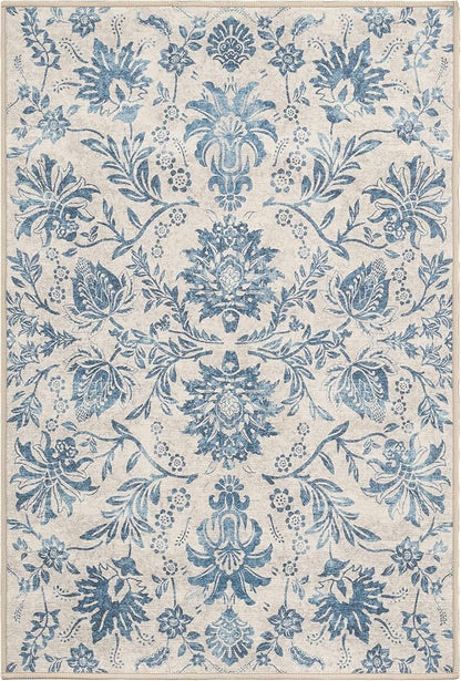 jinchan Torino 3x5 Area Rugs for Entryway, Vintage-Inspired Floral Design Machine Washable Non-Slip Low-Pile Rug, Ultra-Thin Indoor Traditional Accent Carpet for Entrance Bedroom Hallway, Dark Blue