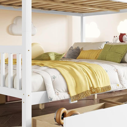 Full Over Full Bunk Bed with Storage Drawers,Convertible Bunk Beds with Ladder & Safety Guardrails,Full Size Bunk Beds for Kids Girls Boys,White
