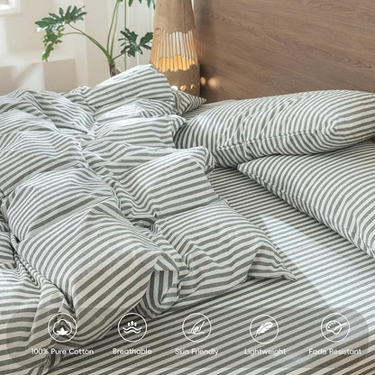 MooMee Striped Duvet Cover Set 100% Washed Cotton Linen Like Textured Breathable Durable Soft Comfy (Heathered Green Classic Stripes, Full 80"x90")