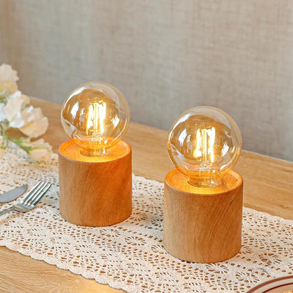 JHY DESIGN Set of 4 Wood Grain Table Lamp 6.5" Tall Cordless Lamp Light with Edison Style Bulb and 6 Hours Timer Battery Operated Lamp Great for Living Room Weddings Parties Patio Indoors Outdoors