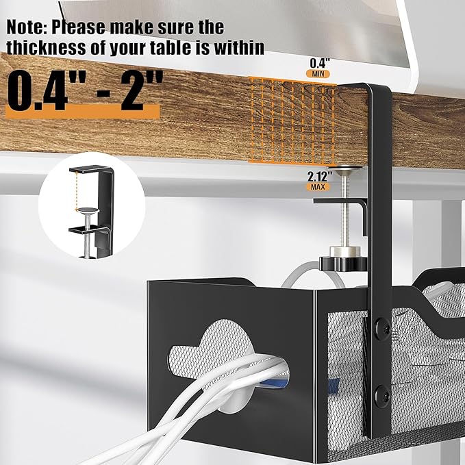 2 Pack Under Desk Cable Management Tray, 13.38" Cable Organizer No Drill, Quszmd Standing Cord Organizer and Wire Management - Black