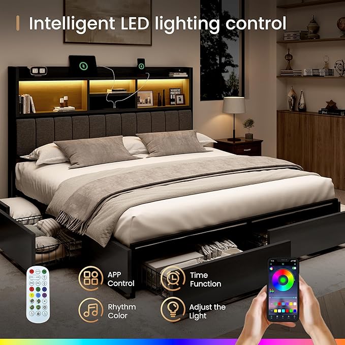 King Bed Frame with 6 Storage Drawers, Linen Upholstered Headboard, Built-in USB Charging Station & LED Lighting, Silent Metal Support, No Box Spring Needed, Vintage Black