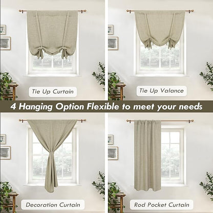 DriftAway Double Layer Linen Blackout Tie Up Curtains Thermal Insulated Fully Lined Balloon Roman Shade Bathroom Window Adjustable Rod Pocket for Small Window 25 Inch by 47 Inch Light Khaki Linen