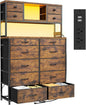EnHomee 62.8" H Dresser for Bedroom with 14 Drawers,Fabric Dresser with Charging Station and LED Lights,Dressers & Chests of Drawers for Bedroom, Steel Frame & Wooden Top,Rustic Brown