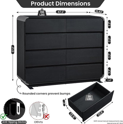 Black Dresser with 8 Drawers, Modern Chest of Drawers with Deep Drawers, Big Storage Organizer for Bedroom, Living Room, Hallway, 47’’Wide