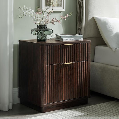 T4TREAM 23'' Fluted Nightstand with Charging Station, Large 2 Drawer Bedside Table, Modern End Table with Storage, Mid Century Night Stand for Bedroom, Living Room, Curved Profile, Dark Walnut