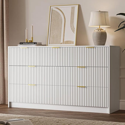 White 7 Drawer Dresser for Bedroom, 55.9" Wide Modern Fluted Dresser with Gold Metal Handles, Wide Chest of Drawers for Bedroom, Living Room, Entryway, Hallway