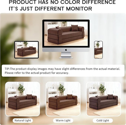 78.5" Convertible Sleeper Sofa Bed, Faux Leather Deep Seat Folding Floor Sofa with Pullout Bed & 2 Pillows, No Assembly Modern Boneless Couch Compression Sofa in Box for Living Room, Office, Brown