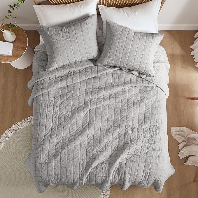 Hyde Lane Luxury Linen Quilt Set King Size, Organic European Flax Cotton Blend Bedding for Bedspread and Coverlet, Box Stitched, with 2 Pillow Shams, 106"x96", Grey