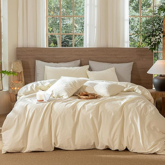 MooMee Wavy Striped Duvet Cover Set 100% Washed Cotton Linen Like Textured Breathable Durable Soft Comfy (Cream White, Super Queen 90"x98")