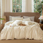 MooMee Wavy Striped Duvet Cover Set 100% Washed Cotton Linen Like Textured Breathable Durable Soft Comfy (Cream White, King 104"x90")